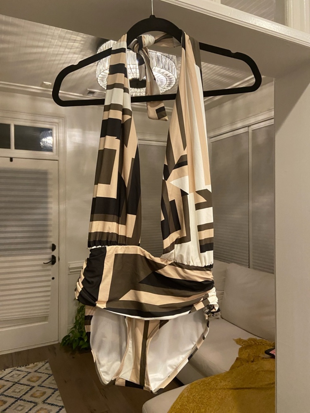 Banana Republic Geometric Halter One-Piece Swimsuit in Black, Cream, Tan & Olive